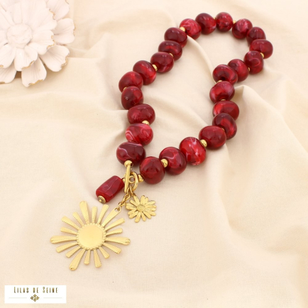 Collier acier résine marbré soleil marguerite 0125534 rouge bordeaux