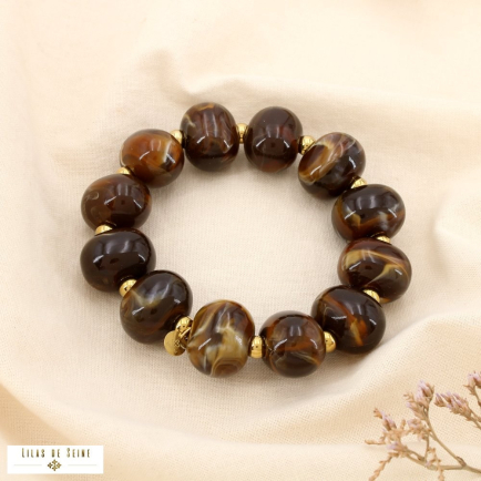 Bracelet élastique acier grosse boule résine marbré 0225518 marron