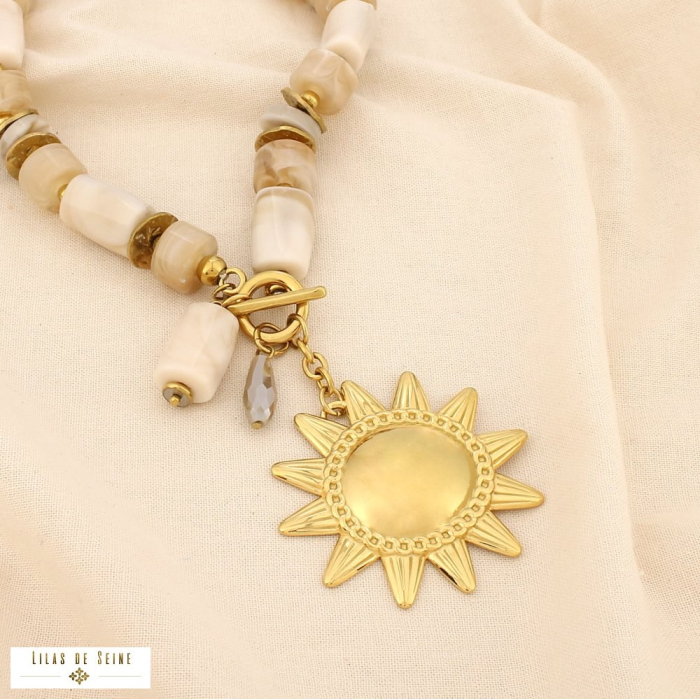 Collier acier résine tube marbré pendentif soleil 0125531 naturel/beige