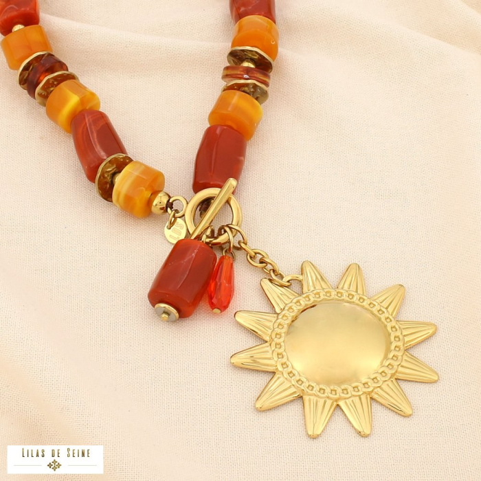 Collier acier résine tube marbré pendentif soleil 0125531 doré rose