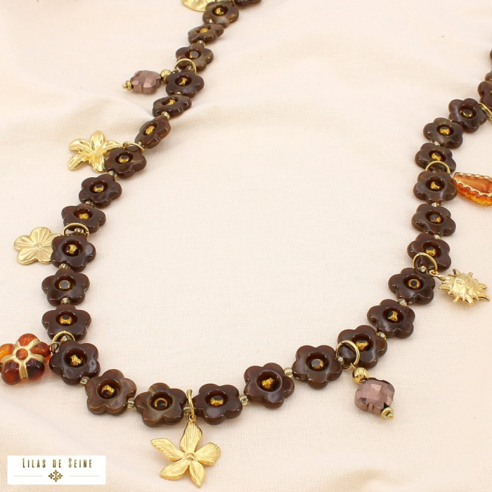 Collier marbré acier acrylique cristal charm fleur 0125536 marron