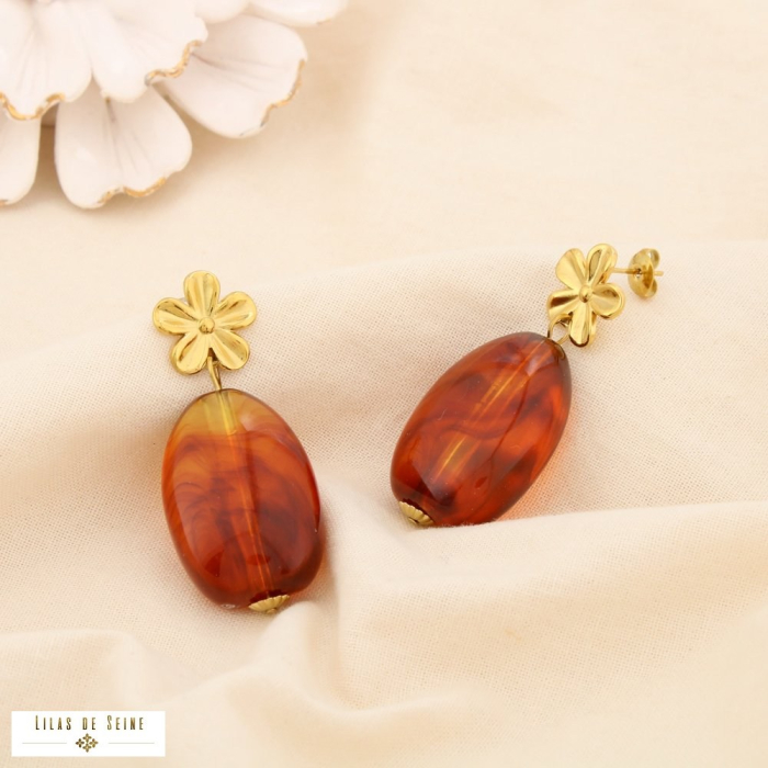 Boucles d’oreilles acier inox résine marbré fleur 0325541 marron