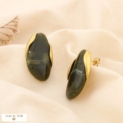 Boucles d’oreilles acier résine marbré contemporain 0325531 vert kaki