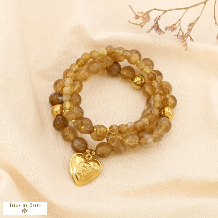 Bracelet élastique 3 rangs acier acrylique cœur 0225515 taupe