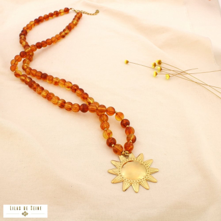 Collier sautoir acier acrylique marbré soleil 0125532 marron