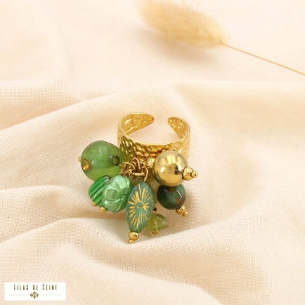Bague ouverte bohème acier pampilles acrylique verre 0425516 vert kaki