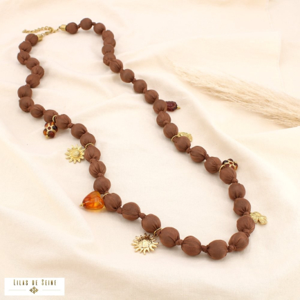 Collier sautoir acier inoxydable polyester breloque 0125542 marron
