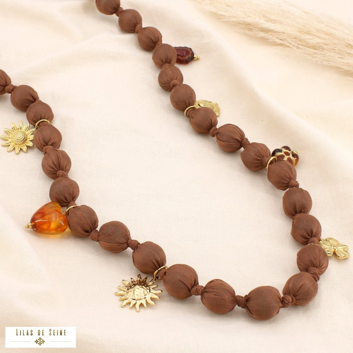 Collier sautoir acier inoxydable polyester breloque 0125542 marron