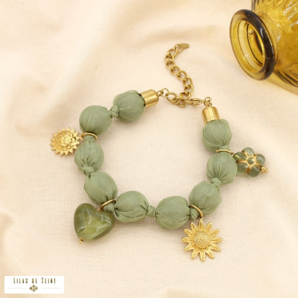 Bracelet Charms acier polyester coeur fleur soleil 0225524 vert