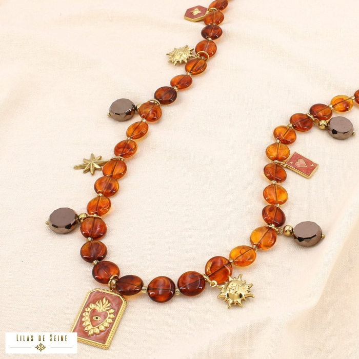 Collier acier acrylique marbré abeille astral coeur 0125530 marron