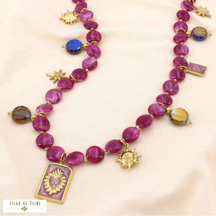 Collier acier acrylique marbré abeille astral coeur 0125530 violet