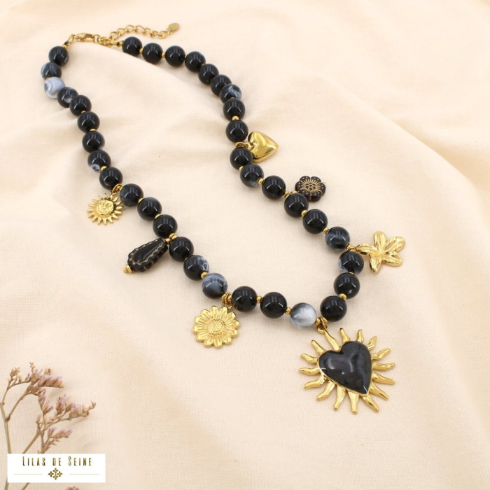 Collier bohème acier émail acrylique breloque 0125533 noir