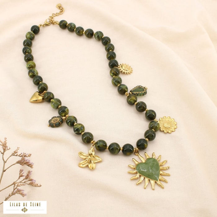 Collier bohème acier émail acrylique breloque 0125533 vert kaki