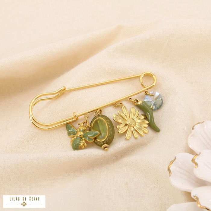 Broche épingle acier acrylique cristal fleur abeille 0525503 vert