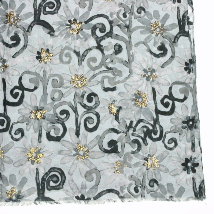 Foulard imprimé fleur paillette viscose coton 0725501 gris foncé