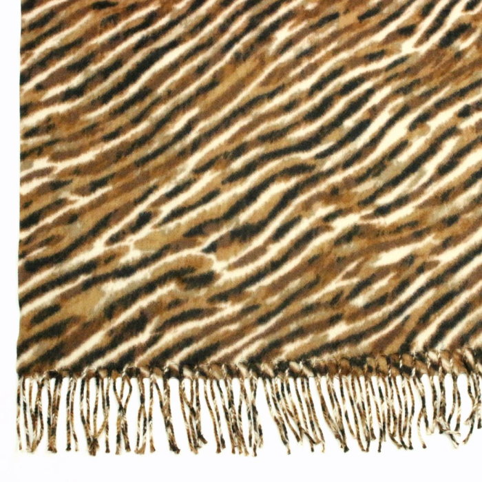 Foulard imprimé motif tigre franges viscose laine 0725506 marron