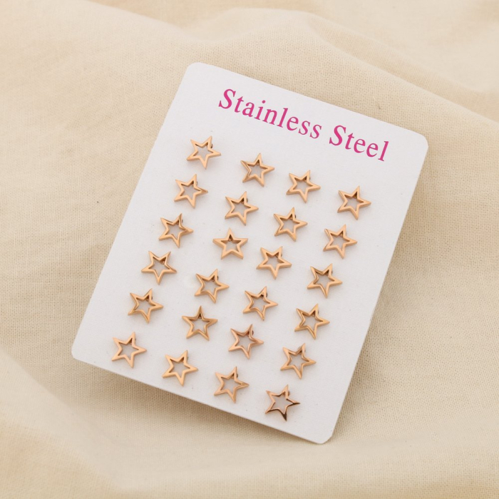 12 paires de puce d'oreilles étoile acier inoxydable 0319528 doré rose