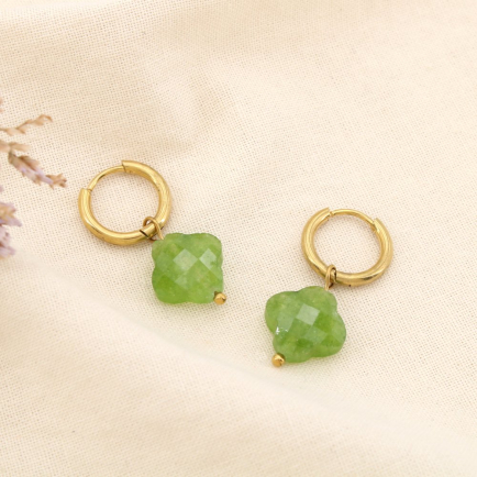 Boucles d'oreille mini créoles trèfle acier inoxydable pierre femme 0323046 vert kaki