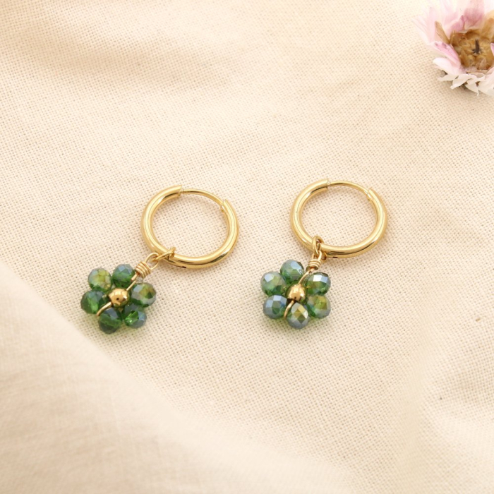 Mini-créoles acier fleurs bille transparente facettée cristal 0324128 vert kaki