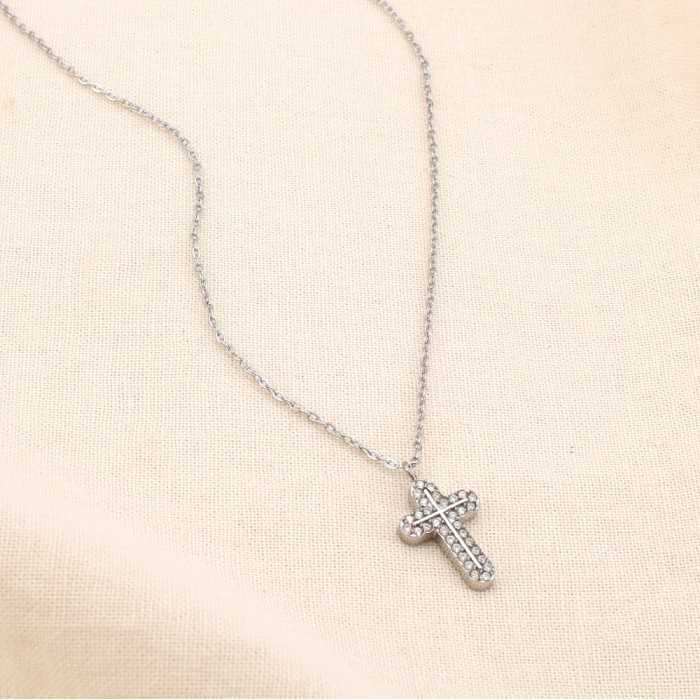 Collier acier inoxydable strass pendentif croix 0125577 argenté