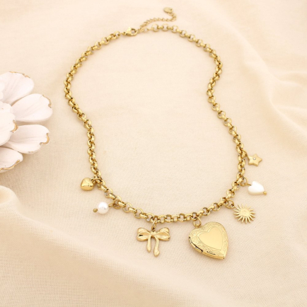 Collier acier breloque nacre perle cœur soleil 0125576 doré