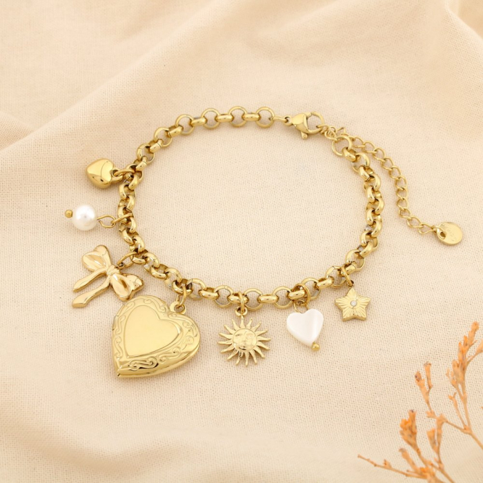 Bracelet acier breloque nacre perle cœur soleil 0225579 doré