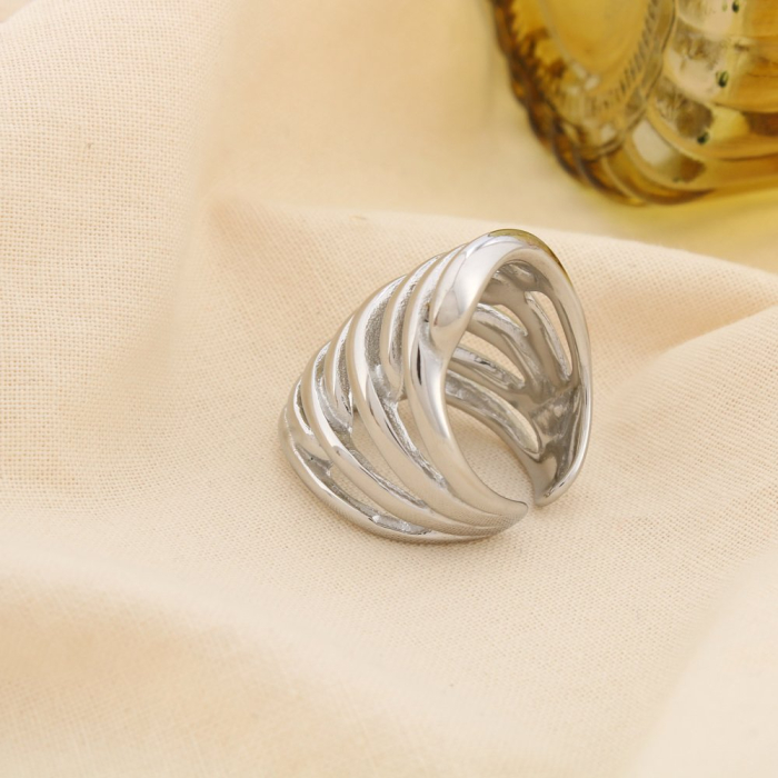 Bague acier inox multi-rangs ajouré contemporain 0425536 argenté