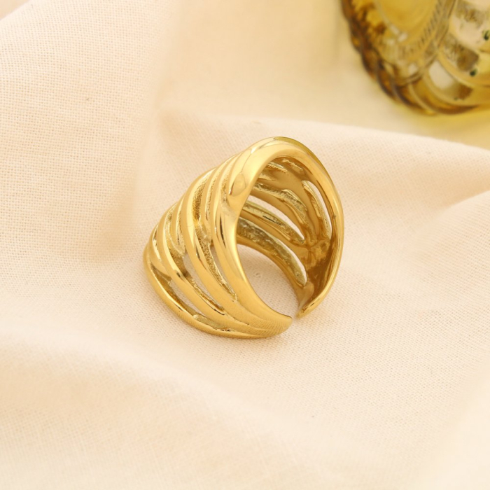 Bague acier inox multi-rangs ajouré contemporain 0425536 doré