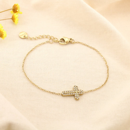 Bracelet acier inoxydable strass pendentif croix 0225585 doré