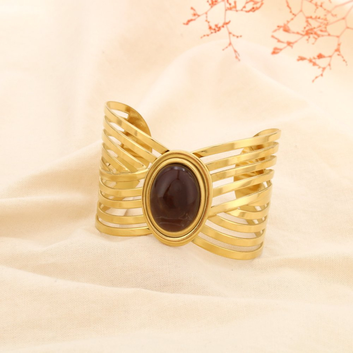 Bracelet manchette acier inoxydable résine marbré 0225530 marron