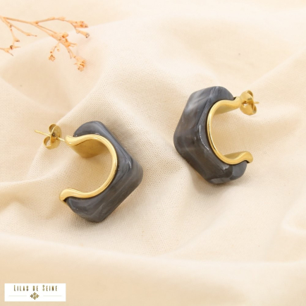 Boucles d’oreilles demi-créoles acier résine marbré 0325533 noir