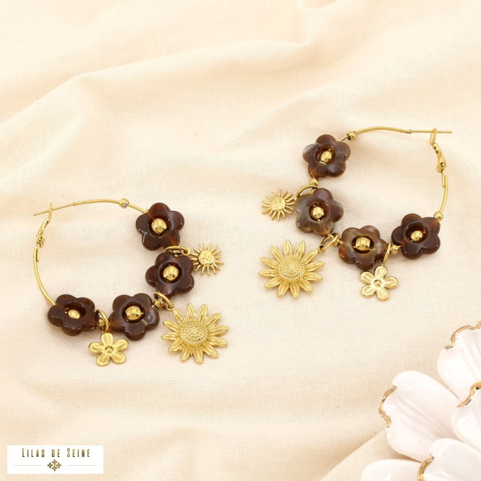 Boucles d’oreilles créoles fleur acier résine marbré 0325538 marron