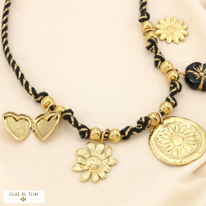 Collier acier inoxydable floral coeur cordon résine 0125569 noir