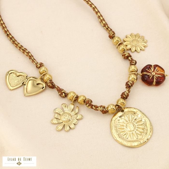 Collier acier inoxydable floral coeur cordon résine 0125569 marron