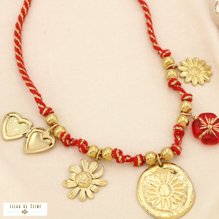 Collier acier inoxydable floral coeur cordon résine 0125569 rouge bordeaux