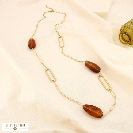 Collier sautoir acier résine marbré maille allongée 0125570 marron