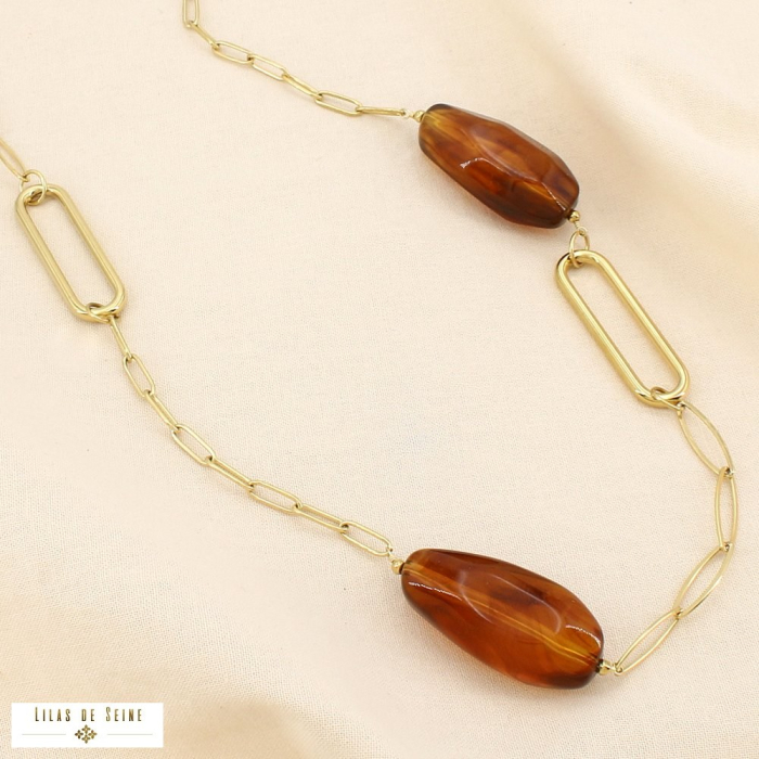 Collier sautoir acier résine marbré maille allongée 0125570 marron