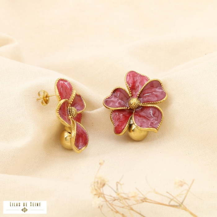 Boucles d’oreilles acier inox émail fleur boule 0325540 rouge bordeaux