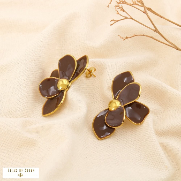 Boucles d’oreilles acier inoxydable fleur émail 0325136 marron