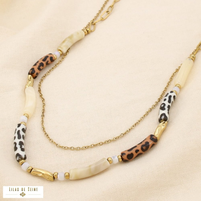 Collier double rangs léopard acier résine cristal 0125551 naturel/beige