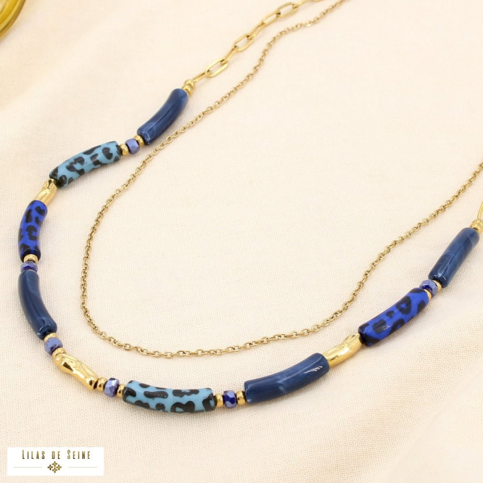Collier double rangs léopard acier résine cristal 0125551 bleu foncé