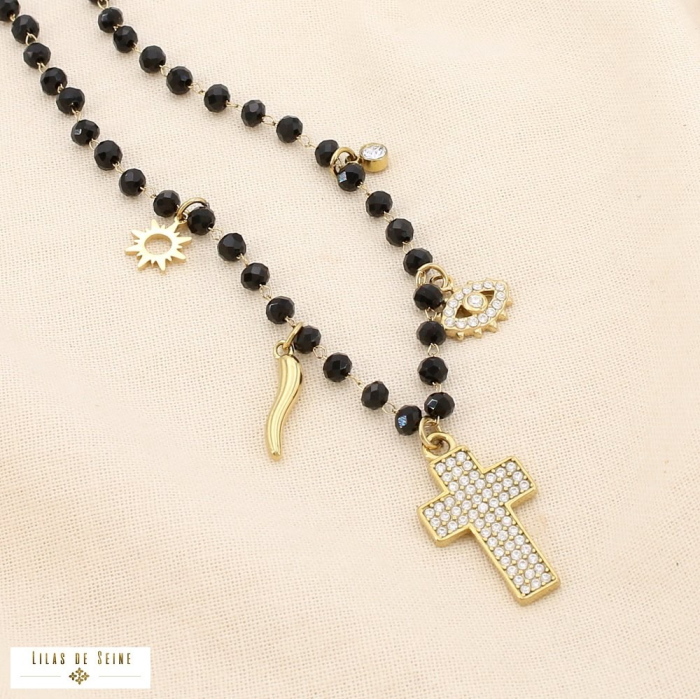 Collier breloques acier inox cristal strass perle 0125515 noir