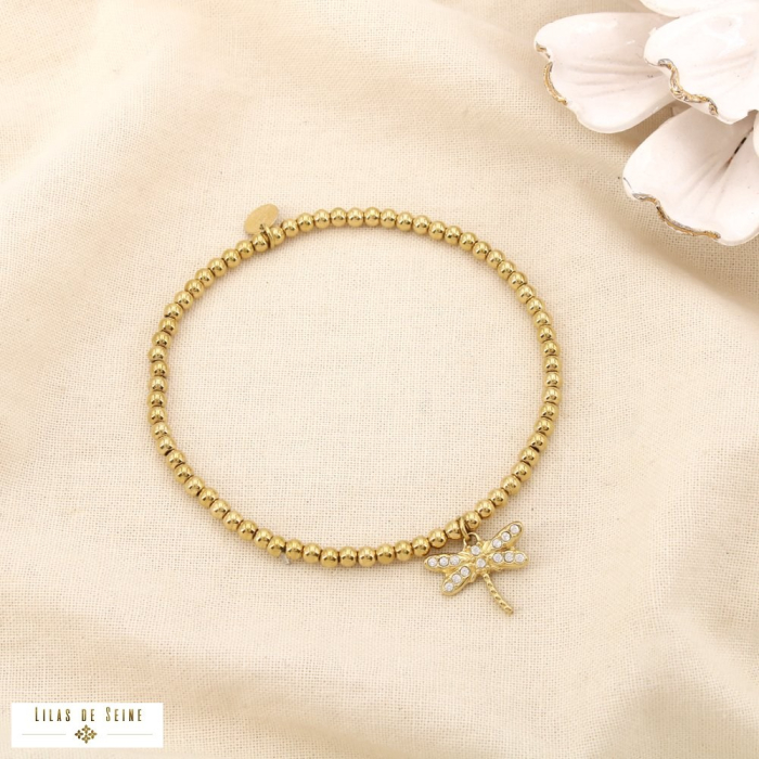 Bracelet élastique libellule bille acier inox strass 0225568 doré