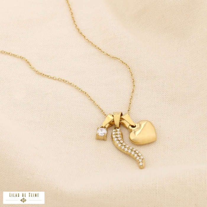 Collier acier inoxydable strass cœur piment 0125504 doré