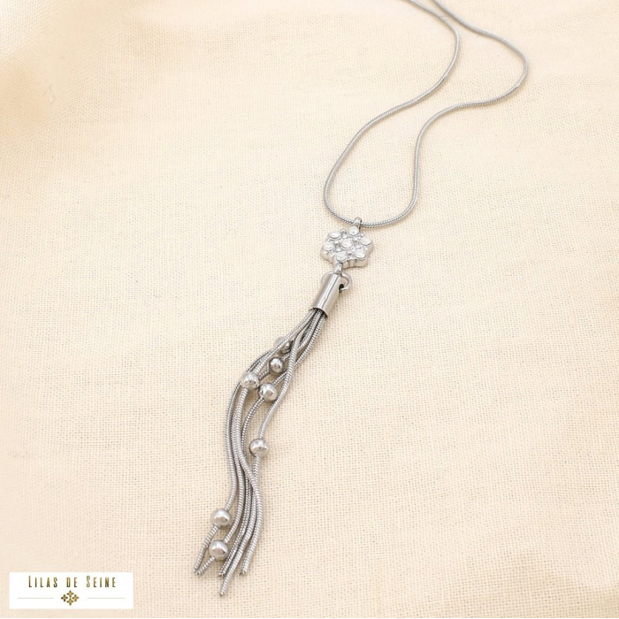 Collier acier inoxydable strass fleur frange bille 0125521 argenté