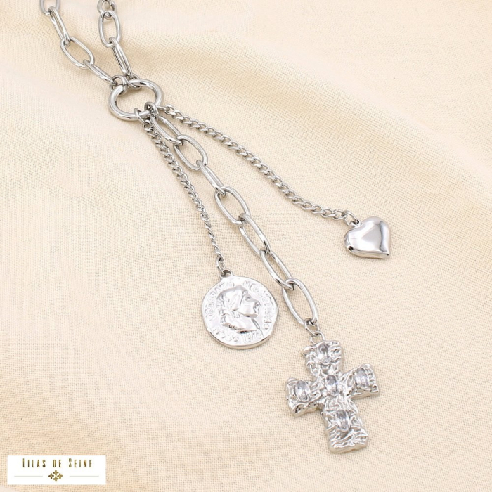 Collier acier inoxydable strass croix médaille cœur 0125522 argenté