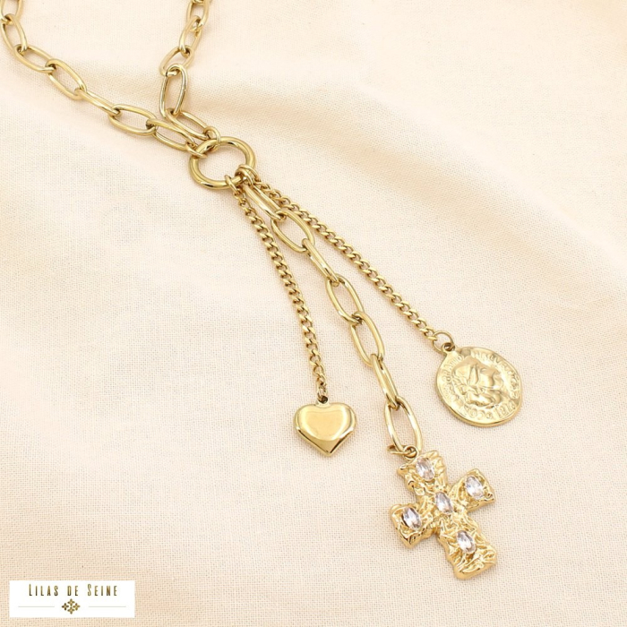 Collier acier inoxydable strass croix médaille cœur 0125522 doré