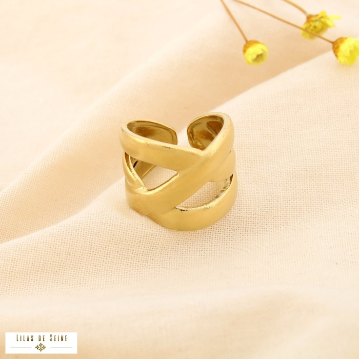 Bague acier inoxydable mat ouverte croisé ajouré 0425502 doré