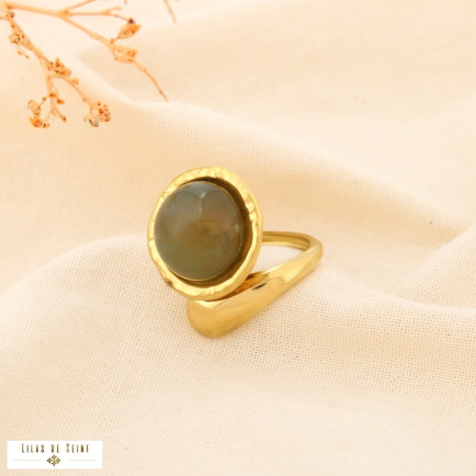 Bague acier inox ouverte cabochon résine marbré 0425525 vert