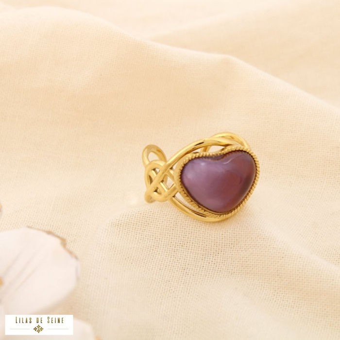 Bague acier inox ajouré ouverte coeur résine marbré 0425526 violet